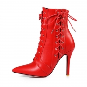Women's Solid Pointed Toe Lace up Stiletto Heels Boots