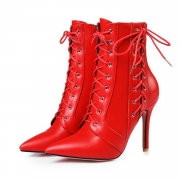 Women's Solid Pointed Toe Lace up Stiletto Heels Boots