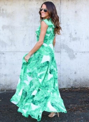 Women's Sleeveless Ruffle Green Leaf Irregular Maxi Dress