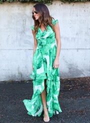 Women's Sleeveless Ruffle Green Leaf Irregular Maxi Dress