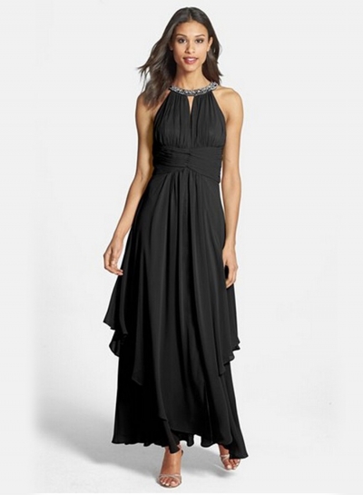 Women's Elegant Halter Sleeveless Maxi Chiffon Pleated Dress YOUYOUFASHIONEC.com