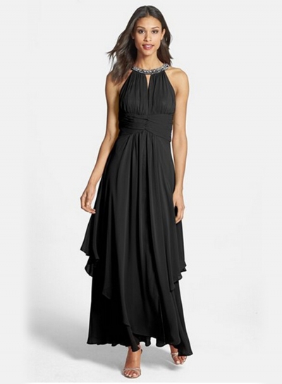 Women's Elegant Halter Sleeveless Maxi Chiffon Pleated Dress STYLESIMO.com
