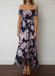 Women's Short Sleeve Floral Print Elastic Waist Chiffon Dress