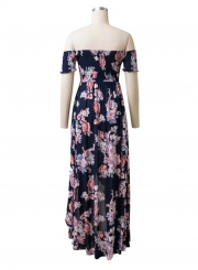 Women's Short Sleeve Floral Print Elastic Waist Chiffon Dress