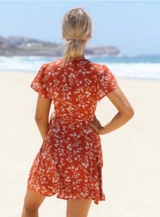 Women's Floral Print V Neck High Waist Chiffon A-line Dress