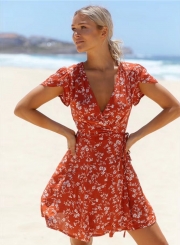 Women's Floral Print V Neck High Waist Chiffon A-line Dress