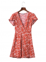 Women's Floral Print V Neck High Waist Chiffon A-line Dress