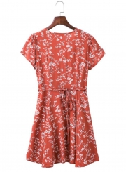 Women's Floral Print V Neck High Waist Chiffon A-line Dress