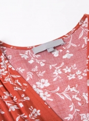Women's Floral Print V Neck High Waist Chiffon A-line Dress