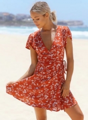 Women's Floral Print V Neck High Waist Chiffon A-line Dress