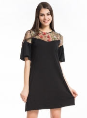 Women's Floral Embroidery Flare Sleeve A-line Mesh Dress