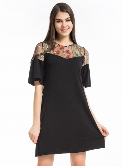 Women's Floral Embroidery Flare Sleeve A-line Mesh Dress YOUYOUFASHIONEC.com