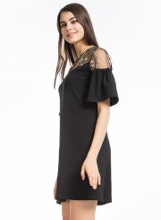 Women's Floral Embroidery Flare Sleeve A-line Mesh Dress