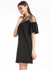 Women's Floral Embroidery Flare Sleeve A-line Mesh Dress