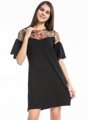 Women's Floral Embroidery Flare Sleeve A-line Mesh Dress