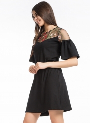 Women's Floral Embroidery Flare Sleeve A-line Mesh Dress