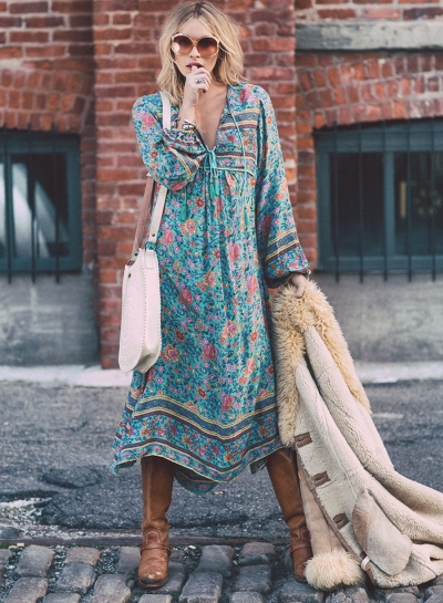 Women's Fashion Floral Long Sleeve Loose Fit Maxi Dress