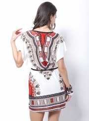 Women's Casual Batwing Sleeve Tribal Print Mini Dress with Belt