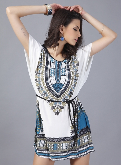 Women's Casual Batwing Sleeve Tribal Print Mini Dress with Belt LZDINTECOMMERCE.com