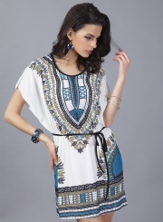 Women's Casual Batwing Sleeve Tribal Print Mini Dress with Belt