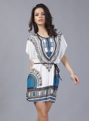 Women's Casual Batwing Sleeve Tribal Print Mini Dress with Belt