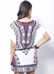 Women's Casual Batwing Sleeve Tribal Print Mini Dress with Belt