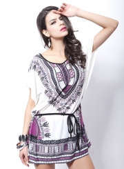 Women's Casual Batwing Sleeve Tribal Print Mini Dress with Belt