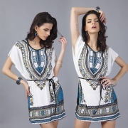 Women's Casual Batwing Sleeve Tribal Print Mini Dress with Belt