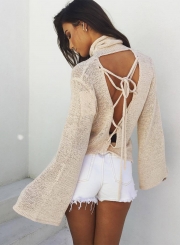 Women's Solid High Neck Back Lace-up Knit Sweater