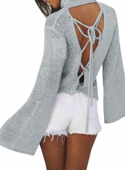 Women's Solid High Neck Back Lace-up Knit Sweater