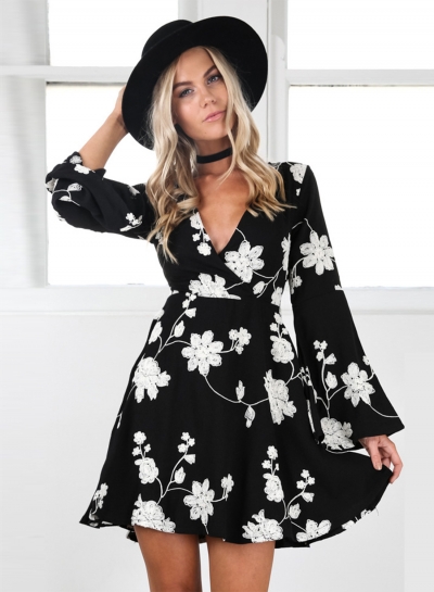 Women's Fashion V Neck Flare Sleeve Floral A-line Dresss LZDINTECOMMERCE.com