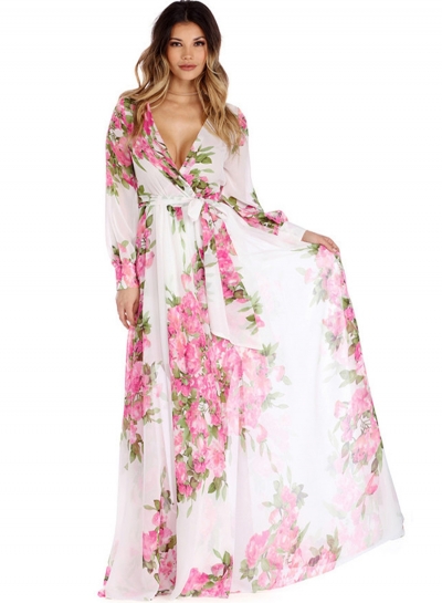 Women's Fashion Floral V Neck Long Sleeve Tie Waist Maxi Dress LEXELFASHIONINTSHOPS.com