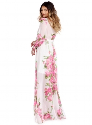 Women's Fashion Floral V Neck Long Sleeve Tie Waist Maxi Dress