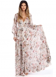 Women's Boho V Neck Long Sleeve High Waist Maxi Floral Dress