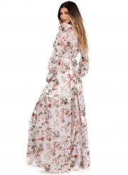 Women's Boho V Neck Long Sleeve High Waist Maxi Floral Dress