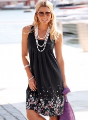 Women's Fashion Sleeveless Floral Printed Loose Pleated Dress