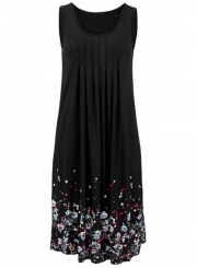 Women's Fashion Sleeveless Floral Printed Loose Pleated Dress