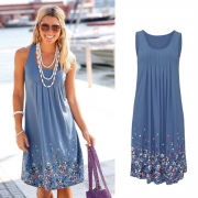 Women's Fashion Sleeveless Floral Printed Loose Pleated Dress