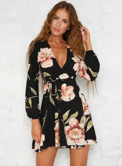 Women's V Neck Long Sleeve Floral A-line Dress LZDINTECOMMERCE.com