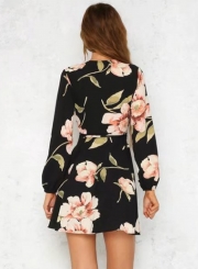 Women's V Neck Long Sleeve Floral A-line Dress