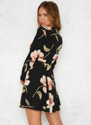 Women's V Neck Long Sleeve Floral A-line Dress