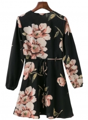 Women's V Neck Long Sleeve Floral A-line Dress