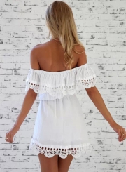 Women's Fashion Solid Lace off Shoulder Ruffle Mini Dress