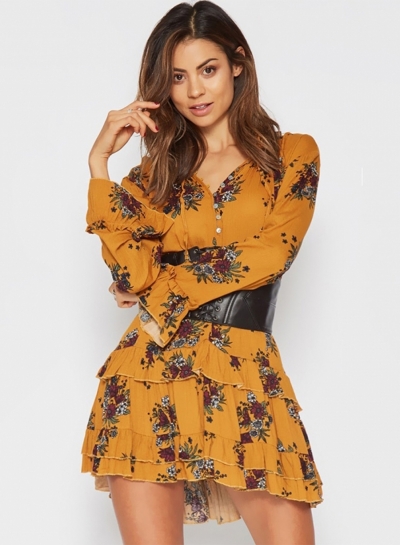 Women'sFashion  Floral V Neck Long Sleeve Ruffle Mini Dress YOUYOUFASHIONEC.com