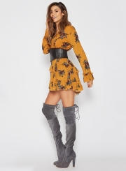 Women'sFashion  Floral V Neck Long Sleeve Ruffle Mini Dress