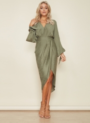 Women's Solid V Neck Long Sleeve High Waist Irregular Midi Dress