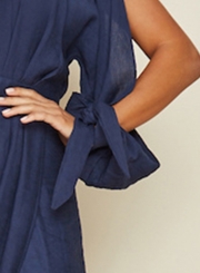 Women's Solid V Neck Long Sleeve High Waist Irregular Midi Dress
