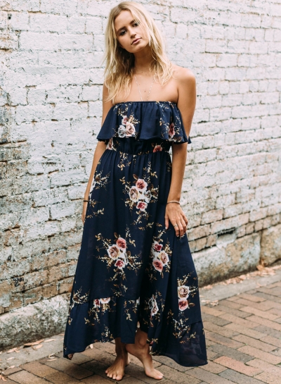 Women's Floral Printed Slash Neck Off Shoulder Maxi Dresses LZDINTECOMMERCE.com