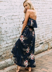 Women's Floral Printed Slash Neck Off Shoulder Maxi Dresses