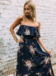 Women's Floral Printed Slash Neck Off Shoulder Maxi Dresses